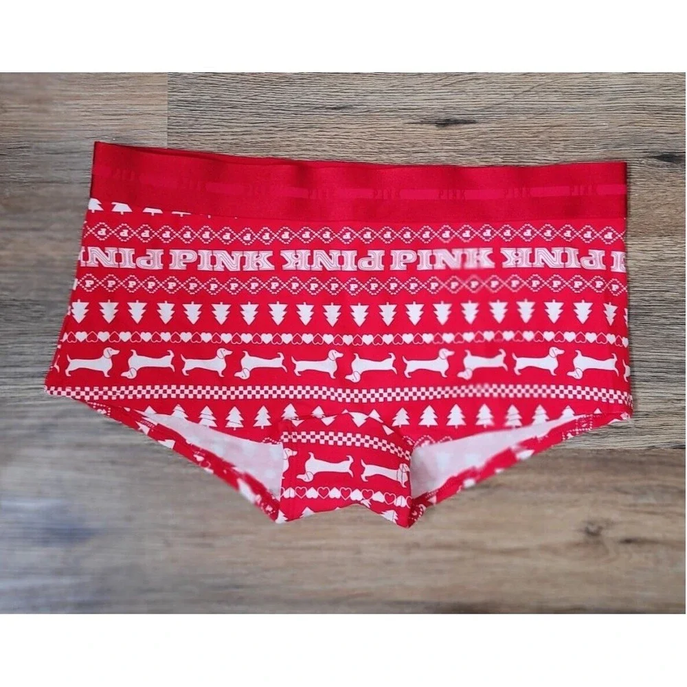 NWT Victoria's Secret Pink Christmas Red Dachshund Boyshort Panties